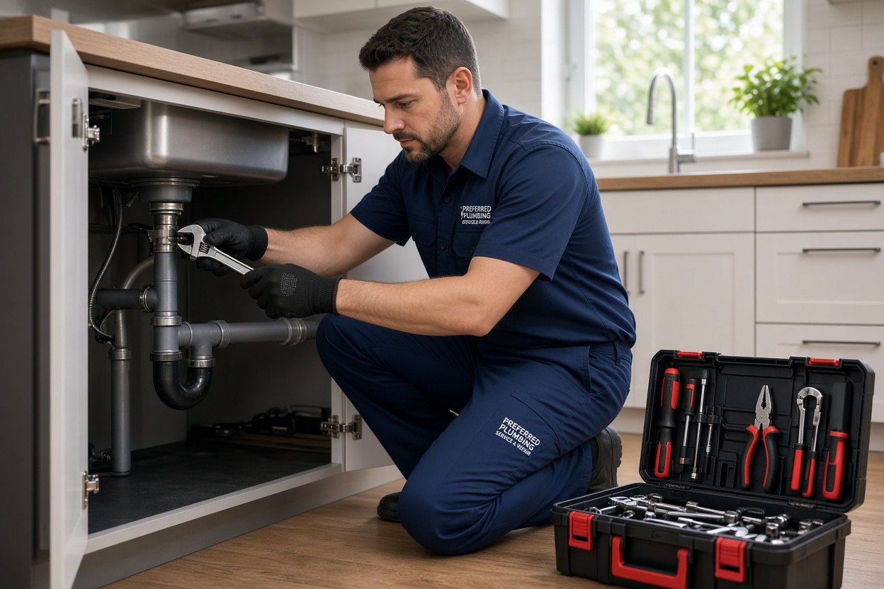 Plumber working under sink, clean uniform, professional tools