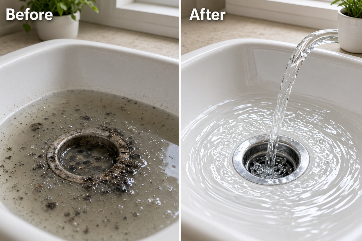 Blocked drain cleared, before and after